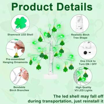 St Patrick's Day Lighted Birch Tree Decor - 18 Inch