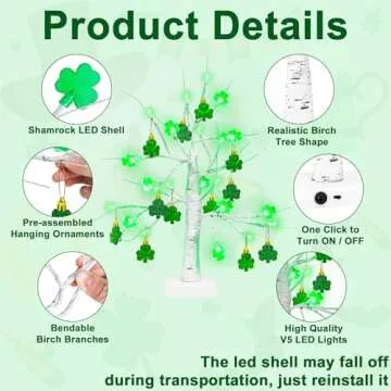 St Patrick's Day Lighted Birch Tree Decor - 18 Inch