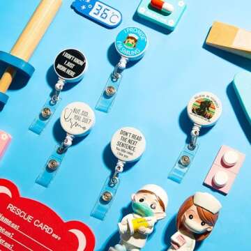 6 Pack Funny Badge Reel Nurse Retractable Badge Reels Holder Cute Nursing Badge Reel for Medical Work Office Doctor Nurse Name Tag Card(Portable Style, ABS and Metal)