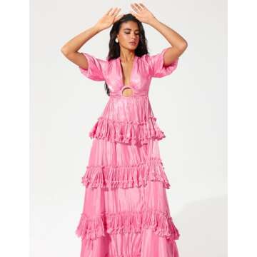 Jardinvue Pink Layered Ruffle Hem Dress Glossy Maxi Tiered Dress Stunning Formal Dress Wedding Guest Dress for Women Chic Womens Birthday Party Gown