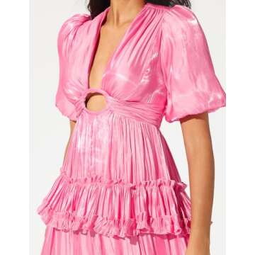 Jardinvue Pink Layered Ruffle Hem Dress Glossy Maxi Tiered Dress Stunning Formal Dress Wedding Guest Dress for Women Chic Womens Birthday Party Gown
