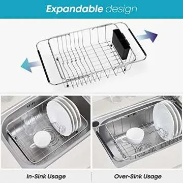 KESOL Smartly Compact Expandable Over The Sink Dish Drying Rack with Utensil Holder | 304 Stainless Steel Racks for Kitchen Counter, Space-Saving, Rustproof Drainer/Sink Organizer