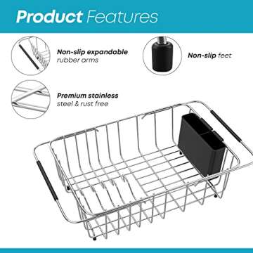 KESOL Smartly Compact Expandable Over The Sink Dish Drying Rack with Utensil Holder | 304 Stainless Steel Racks for Kitchen Counter, Space-Saving, Rustproof Drainer/Sink Organizer