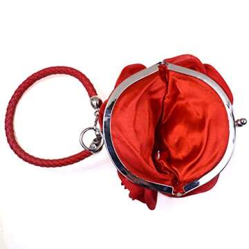 Goclothod Women Rose Shaped Clutch Soft Satin Wristlet Handbag Wedding Party Purse Red