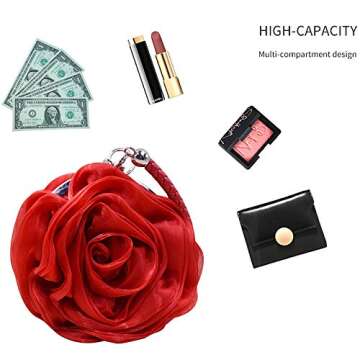 Goclothod Women Rose Shaped Clutch Soft Satin Wristlet Handbag Wedding Party Purse Red