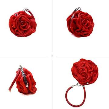 Goclothod Women Rose Shaped Clutch Soft Satin Wristlet Handbag Wedding Party Purse Red