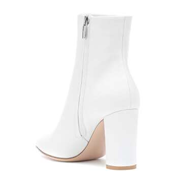 LEHOOR Women Fashion Chunky Block Heel Pointed Toe Ankle Booties Classic Side Zipper Short Boots Patent Leather White 8 M US
