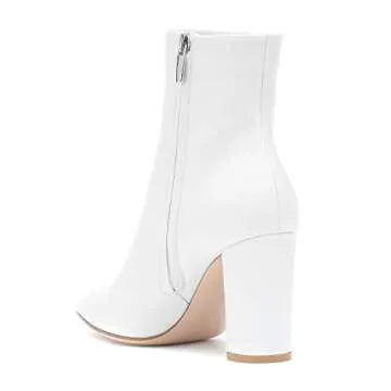 LEHOOR Women Fashion Chunky Block Heel Pointed Toe Ankle Booties Classic Side Zipper Short Boots Patent Leather White 8 M US
