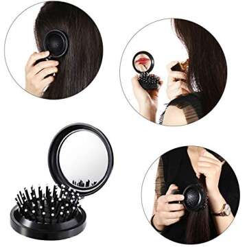 Boao 2 Pack Foldable Travel Mirror Hair Brushes Round Portable Folding Pocket Hair Brush Mini Comb Compact Travel Size Massage Comb for Men Women(Black)