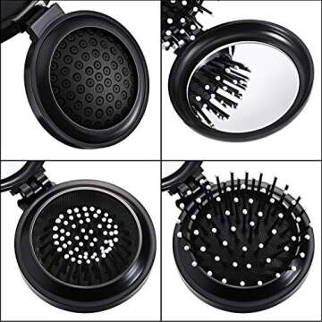 Boao 2 Pack Foldable Travel Mirror Hair Brushes Round Portable Folding Pocket Hair Brush Mini Comb Compact Travel Size Massage Comb for Men Women(Black)