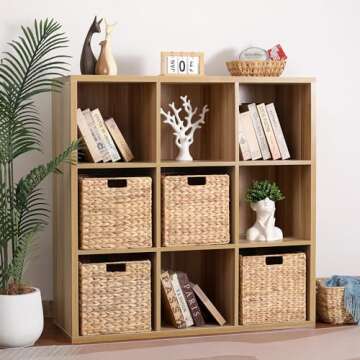 12 x 12 x 12in Water Hyacinth Storage Baskets, Wicker Storage Baskets for Shelves, Foldable Square B...