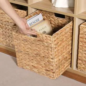 12 x 12 x 12in Water Hyacinth Storage Baskets, Wicker Storage Baskets for Shelves, Foldable Square Baskets for IKEA Kallax Set of 3, Large Cubby Rattan Basket, Wicker Baskets for Organizing