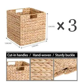 12 x 12 x 12in Water Hyacinth Storage Baskets, Wicker Storage Baskets for Shelves, Foldable Square Baskets for IKEA Kallax Set of 3, Large Cubby Rattan Basket, Wicker Baskets for Organizing