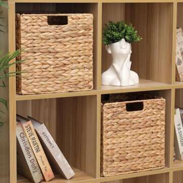 12 x 12 x 12in Water Hyacinth Storage Baskets, Wicker Storage Baskets for Shelves, Foldable Square Baskets for IKEA Kallax Set of 3, Large Cubby Rattan Basket, Wicker Baskets for Organizing