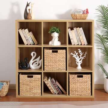 12 x 12 x 12in Water Hyacinth Storage Baskets, Wicker Storage Baskets for Shelves, Foldable Square Baskets for IKEA Kallax Set of 3, Large Cubby Rattan Basket, Wicker Baskets for Organizing