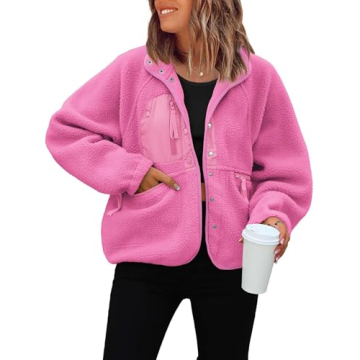 ReachMe Womens Sherpa Jacket Casual Lapel Button Down Cropped Fuzzy Fleece Jackets Long Sleeve Winte...