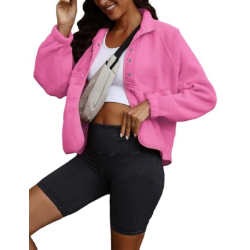 ReachMe Womens Sherpa Jacket Casual Lapel Button Down Cropped Fuzzy Fleece Jackets Long Sleeve Winter Coats with Pockets(3 Hot Pink,M)
