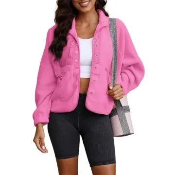 ReachMe Womens Sherpa Jacket Casual Lapel Button Down Cropped Fuzzy Fleece Jackets Long Sleeve Winter Coats with Pockets(3 Hot Pink,M)