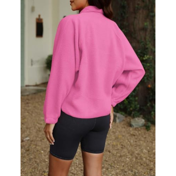 ReachMe Womens Sherpa Jacket Casual Lapel Button Down Cropped Fuzzy Fleece Jackets Long Sleeve Winter Coats with Pockets(3 Hot Pink,M)