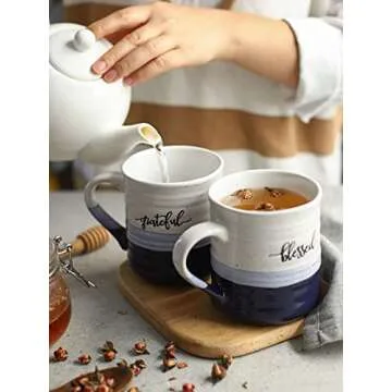 DOWAN 20 oz Coffee Mugs, Large Mugs with Word Blessed Grateful, Porcelain Coffee Cup, Thank You Gifts for Mom Dad, Set of 2