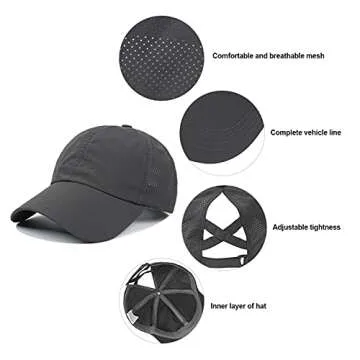 HGGE Womens Criss Cross Ponytail Baseball Cap Adjustable High Messy Bun Trucker Hats Quick Drying Mesh Dad Ponycap for Outdoor Sports Travel Black