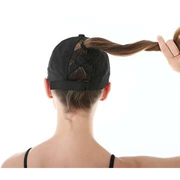HGGE Womens Criss Cross Ponytail Baseball Cap Adjustable High Messy Bun Trucker Hats Quick Drying Mesh Dad Ponycap for Outdoor Sports Travel Black