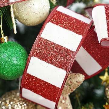 AIMUDI Red and White Christmas Candy Cane Ribbon - 10 Yards