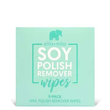 ella+mila Soy Nail Polish Remover Wipes Non-Acetone Lint Free Nail Wipes - Non-Toxic Fingernail Polish Remover - Unscented & Enriched with Vitamins A,C & E (5 Pack)