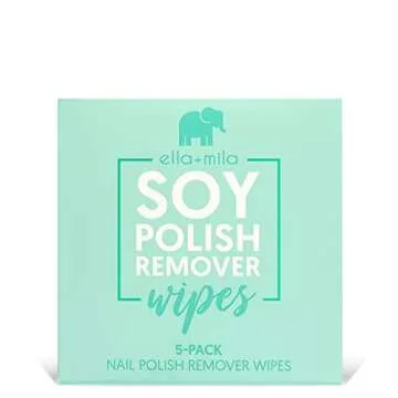 ella+mila Soy Nail Polish Remover Wipes Non-Acetone Lint Free Nail Wipes - Non-Toxic Fingernail Polish Remover - Unscented & Enriched with Vitamins A,C & E (5 Pack)