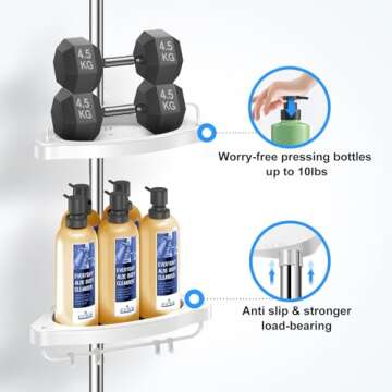 Corner Shower Caddy Tension Pole: Adjustable Stainless Steel Shower Organizer with 4 Tier Shelf for Bathroom Bathtub Tub Shampoo - Floor Standing Rack Bath Storage Holder with Rust Proof Rods