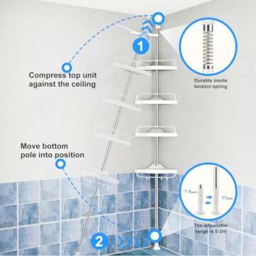 Corner Shower Caddy Tension Pole: Adjustable Stainless Steel Shower Organizer with 4 Tier Shelf for Bathroom Bathtub Tub Shampoo - Floor Standing Rack Bath Storage Holder with Rust Proof Rods