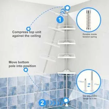 Corner Shower Caddy Tension Pole: Adjustable Stainless Steel Shower Organizer with 4 Tier Shelf for Bathroom Bathtub Tub Shampoo - Floor Standing Rack Bath Storage Holder with Rust Proof Rods