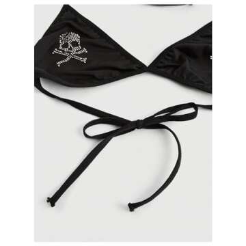 WDIRARA Women's Goth Skull Rhinestone Triangle Halter Bikini Top Tie Back Swimsuit Tops Black Large
