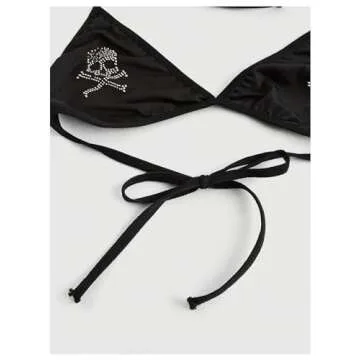 WDIRARA Women's Goth Skull Rhinestone Triangle Halter Bikini Top Tie Back Swimsuit Tops Black Large