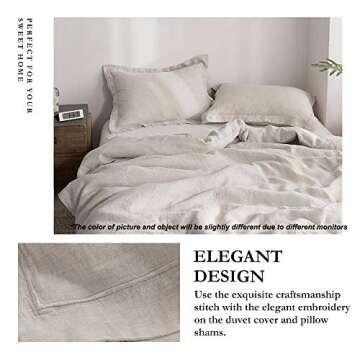 Simple&Opulence 100% Linen Duvet Cover Set with Embroidery Washed - 3 Pieces (1 Duvet Cover with 2 P...