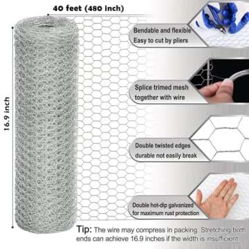 Chicken Wire Fencing Mesh, 16.9 Inch x 40 Feet Metal Floral Chicken Wire Fence for Crafts Poultry Ga...