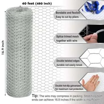 Chicken Wire Fencing Mesh, 16.9 Inch x 40 Feet Metal Floral Chicken Wire Fence for Crafts Poultry Ga...