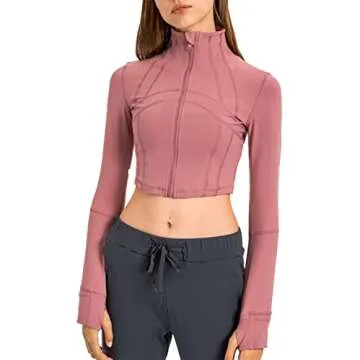 KTILG Women Crop Workout Jacket Zip Up Pullover Running Athletic Outwear Seamless Long Sleeve Yoga T...