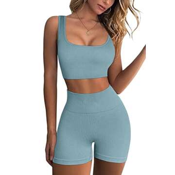 QINSEN Women's Yoga Shorts 2 Piece Outfits Ribbed Seamless High Waisted Workout Yoga Bra Sets Blue M
