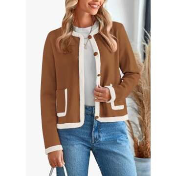 PRETTYGARDEN Women's Winter Trendy Button Down Open Front Cardigan Sweaters Knit Color Block Jackets Fall Fashion Clothes (Caramel,Large)