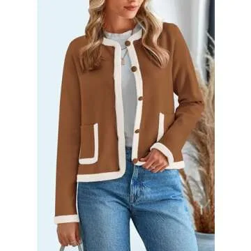 PRETTYGARDEN Women's Winter Trendy Button Down Open Front Cardigan Sweaters Knit Color Block Jackets Fall Fashion Clothes (Caramel,Large)