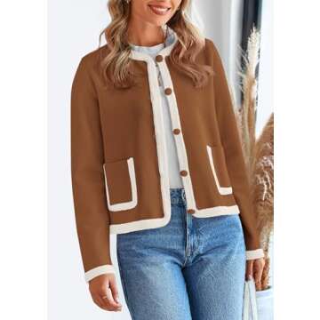 PRETTYGARDEN Women's Winter Trendy Button Down Open Front Cardigan Sweaters Knit Color Block Jackets Fall Fashion Clothes (Caramel,Large)