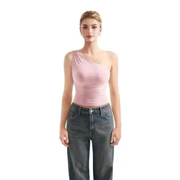 SUUKSESS Women Double Lined Going Out Trendy Crop Tops One Shoulder Ruched Casual Sleeveless Shirts (Light Pink,XS)