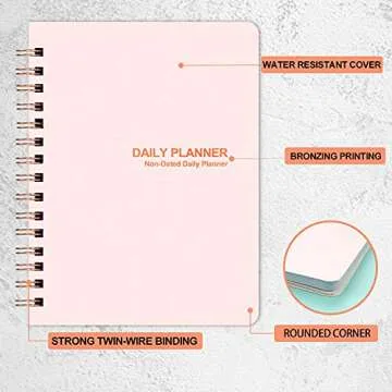 Daily Planner Hourly Schedules Undated Planner with ToDo List Notebook, Meals, Notes, Appointment Planner Book. Undated Office Supplies Notepad, Twin-Wire Binds 128 Pages 8.5“ x6.4”