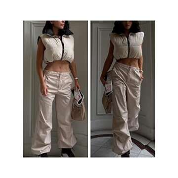 UANEO Cropped Puffer Vest Women Zip Up Stand Collar Sleeveless Padded Crop Puffy Vests (#2Beige-S)