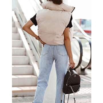 UANEO Cropped Puffer Vest Women Zip Up Stand Collar Sleeveless Padded Crop Puffy Vests (#2Beige-S)