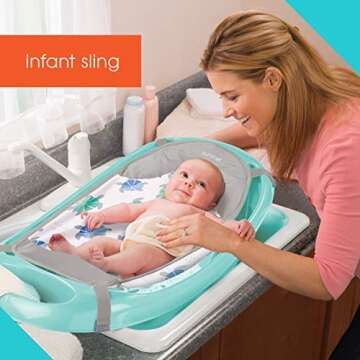 Summer Infant Splish 'n Splash Newborn to Toddler Tub (Aqua) - 3-Stage Tub for Newborns, Infants, and Toddlers - Includes Fabric Newborn Sling, Cushioned Support, Parent Assist Tray, and a Drain Plug