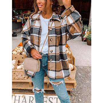 Yeokou Women's Fall Color Block Plaid Flannel Shacket Jacket Button Down Shirt Coat Tops(Khaki-M)