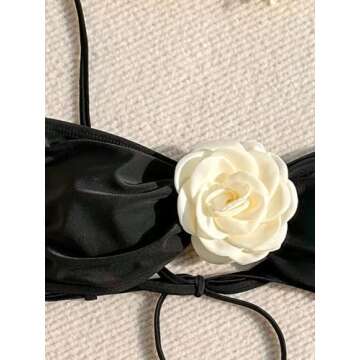 Falainetee Women's Floral Appliques Cute Bathing Suit High Waisted Colorblock Tie Back Swimsuit Bikini Set Black M