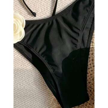 Falainetee Women's Floral Appliques Cute Bathing Suit High Waisted Colorblock Tie Back Swimsuit Bikini Set Black M